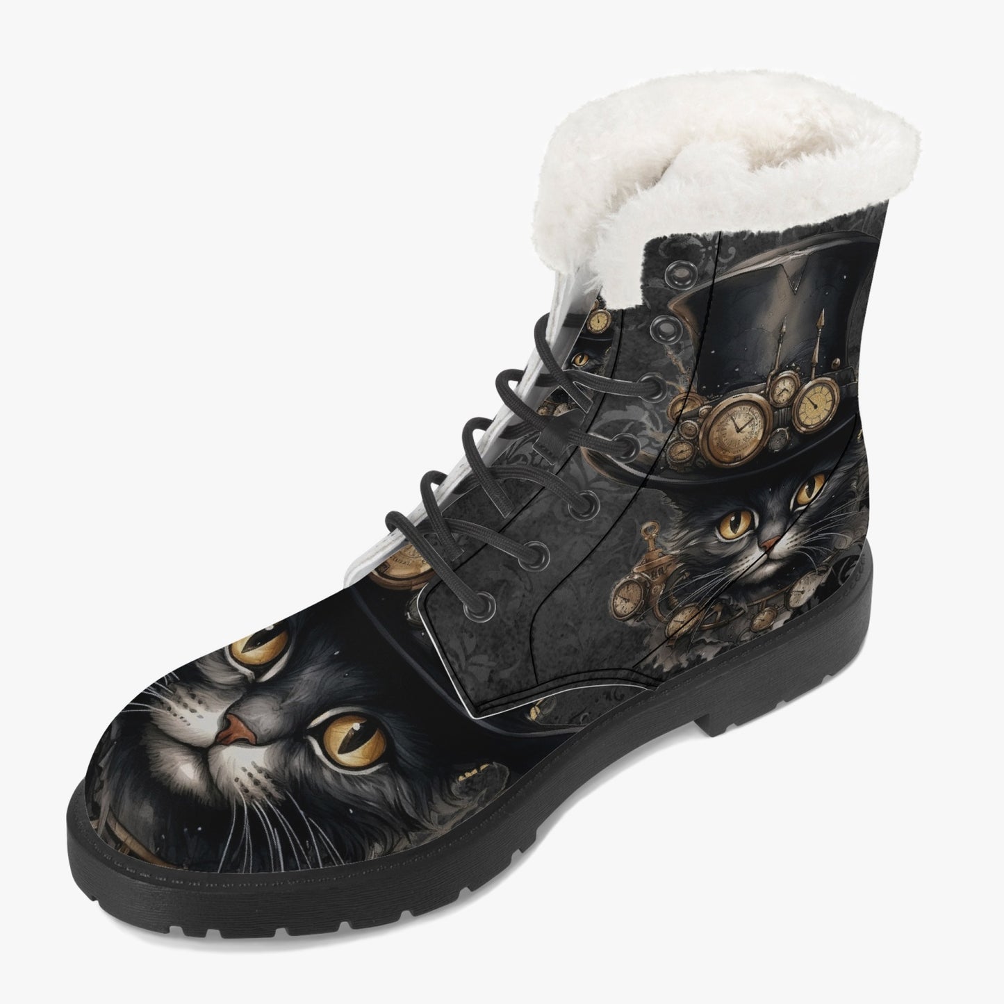 Steampunk Cat Faux Fur Combat Boots - Steamcat with Top Hat and Goggles (JPFBC)