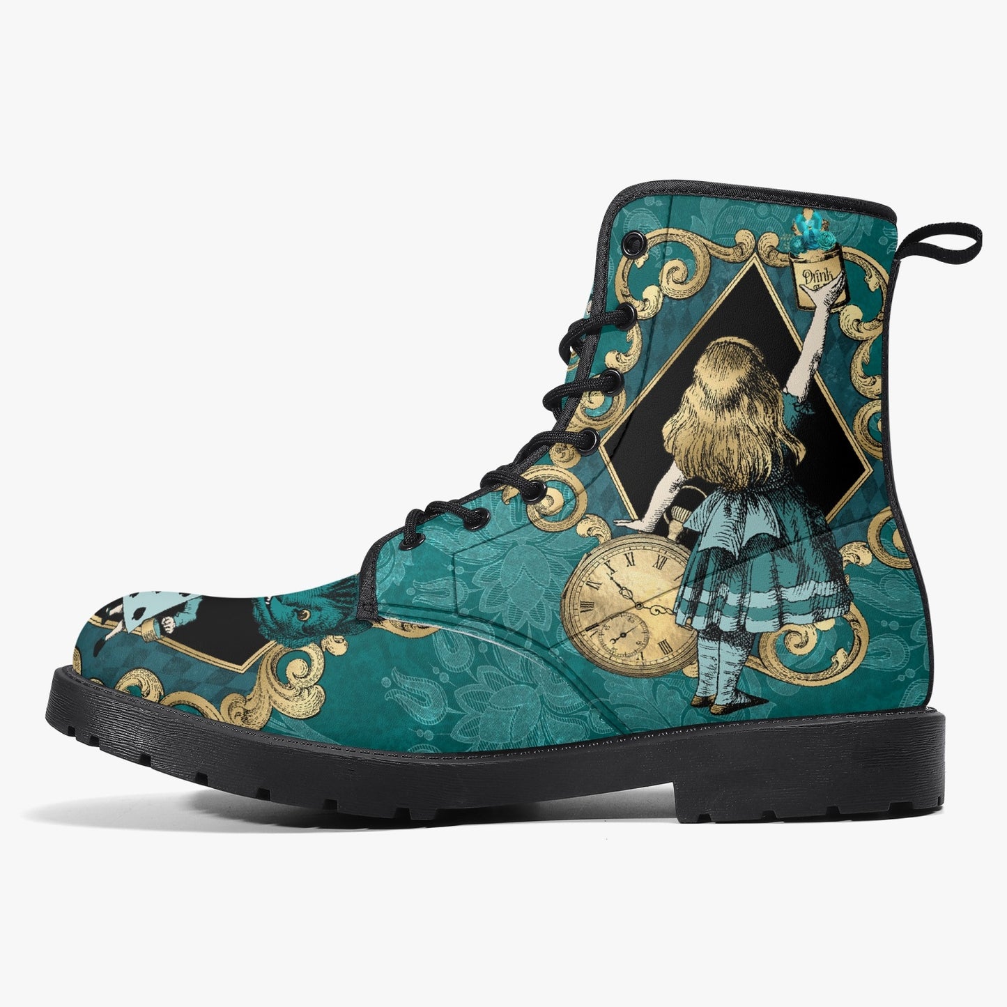 Alice In Wonderland Green and Gold Vegan Leather Combat Boots (JPREGAG1)