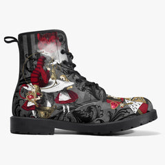 Alice in Wonderland Gothic Red and Gold Black Lace Up Combat Boots - Through the Looking Glass Gothic Boots (JPREG83)