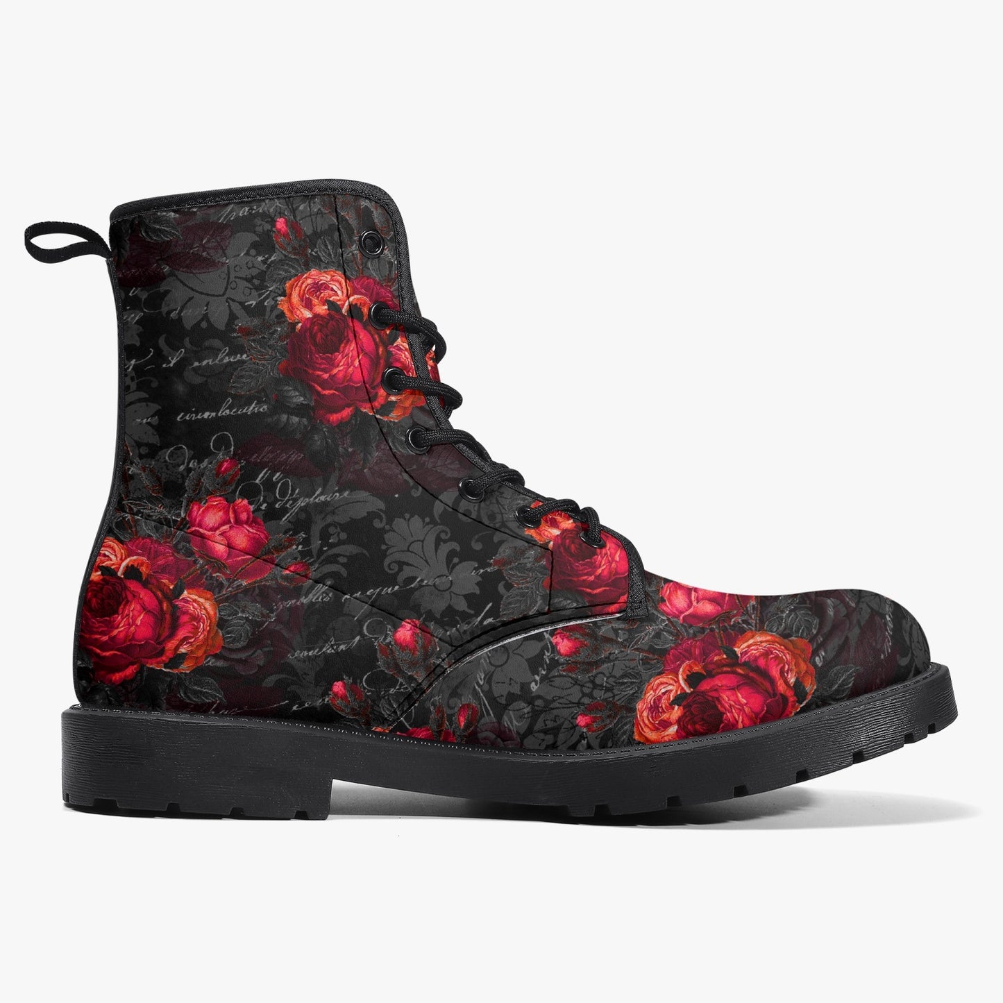 Red Roses and Writing Gothic Combat Boots -  Goth Rose Festival Boots (JPREG44)