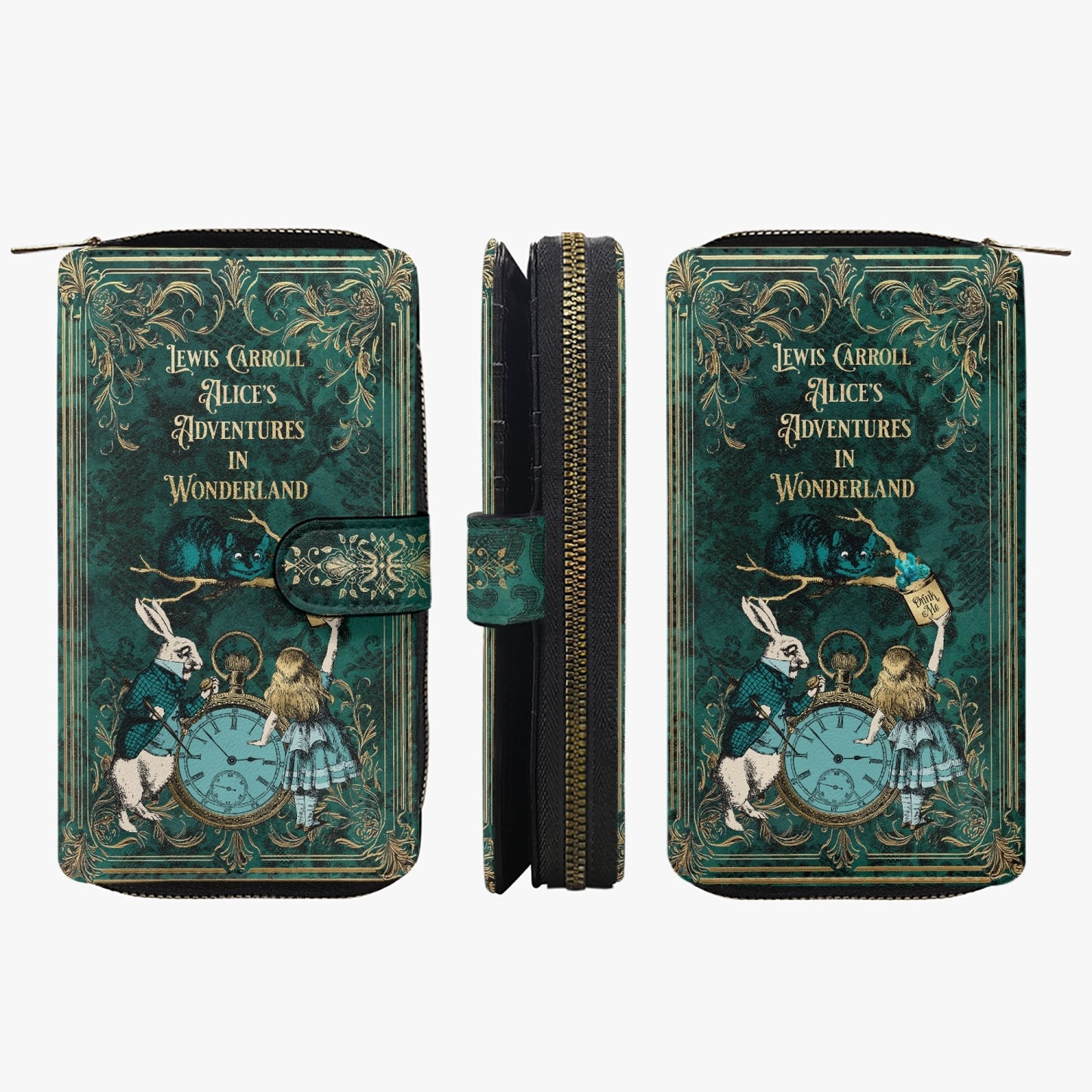 Alice in Wonderland Green Zipper Wallet - Mad Hatter Tea Party Purse (JPALWG)