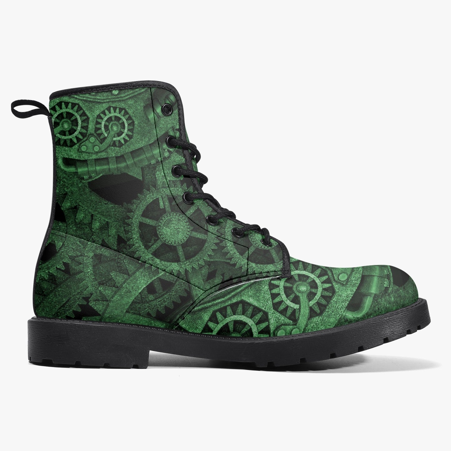 Steampunk Clockwork Gears Green Vegan leather Combat Boots - Vegan Leather Gothic Steampunk Boots - Dark Green Steampunk Boots (JPREG86)