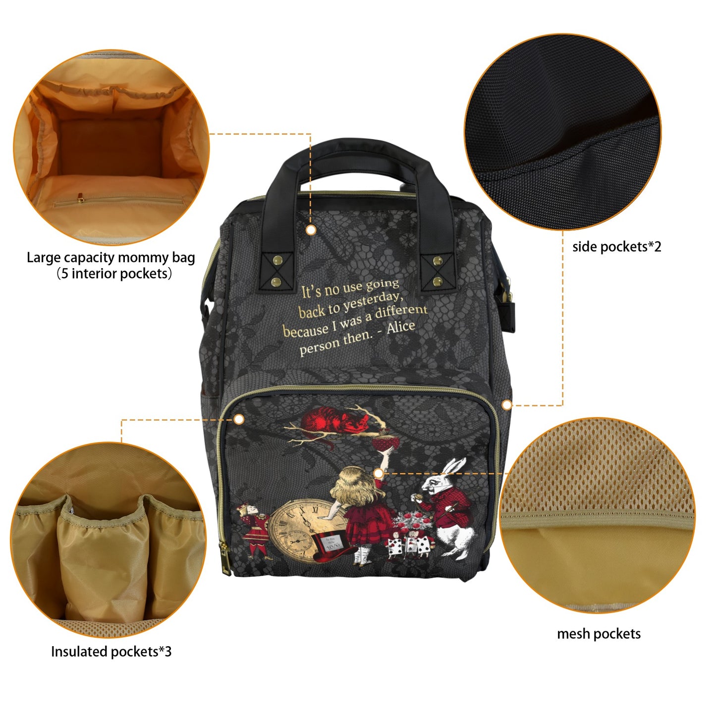Alice in Wonderland Diaper bag - Black Red and Gold Nappy Bag