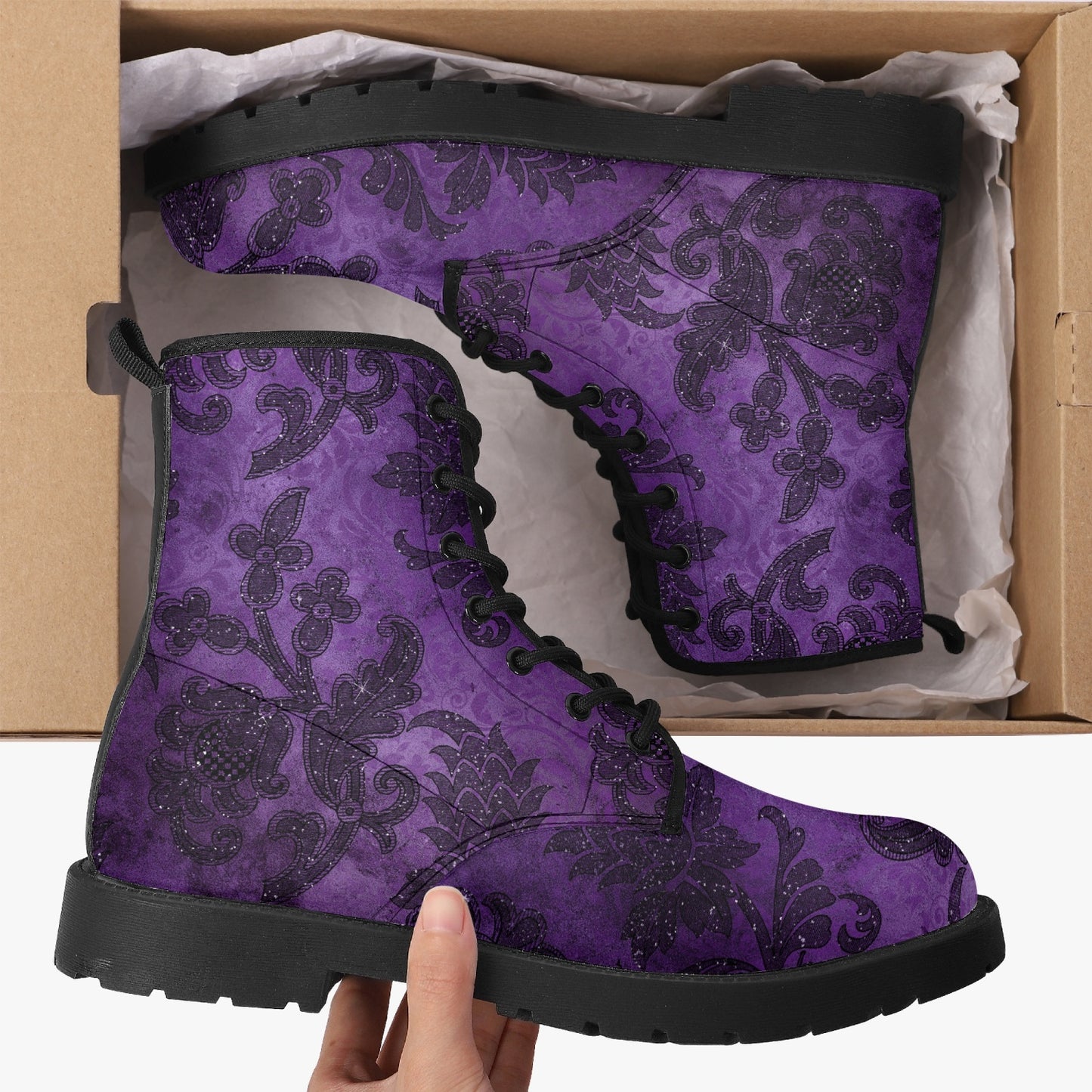 Purple Gothic Damask Pattern Combat Boots - Vegan Leather Purple boots (JPREG40)