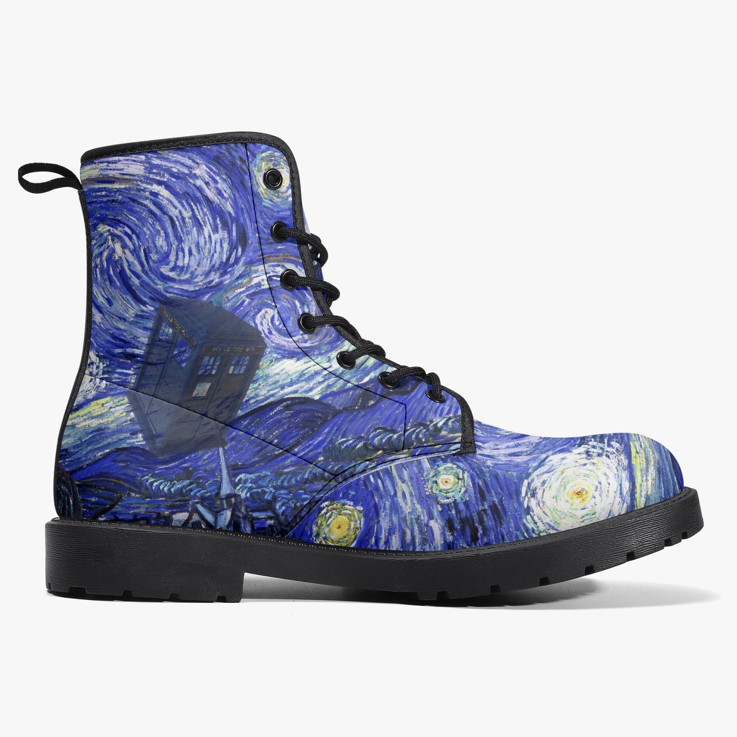 Van Gogh and the Doctor Vegan Leather Combat Boots - Starry Night Tardis Boots (JPREG34)