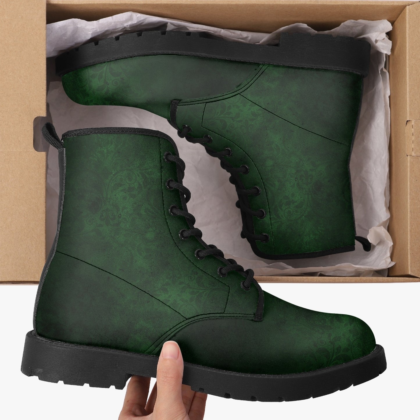 Bottle Green Gothic Grunge Combat Boots - Cruelty Freen Faux Leather (JPREG38A)