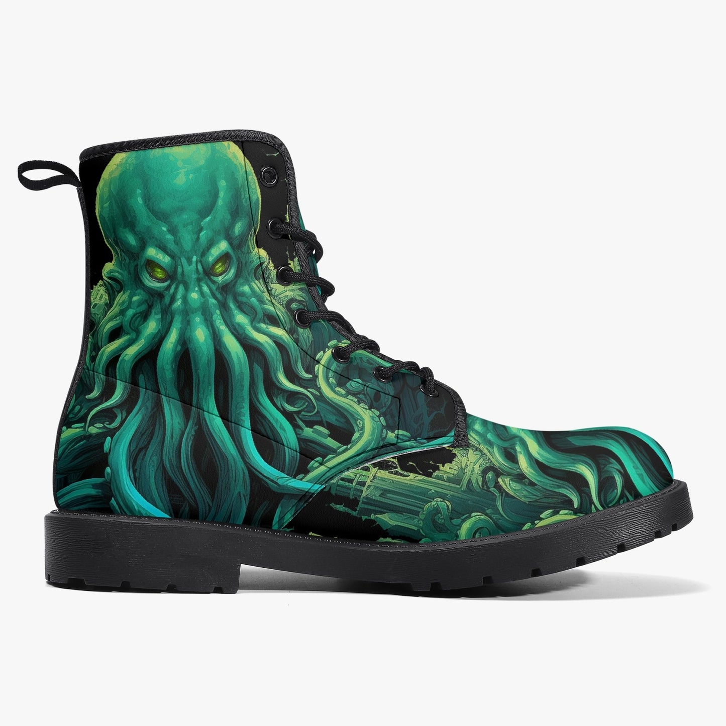 Cthulhu Victorian Horror Combat Boots - HP Lovecraft Sea Monster Green Boots (JPREGHP)