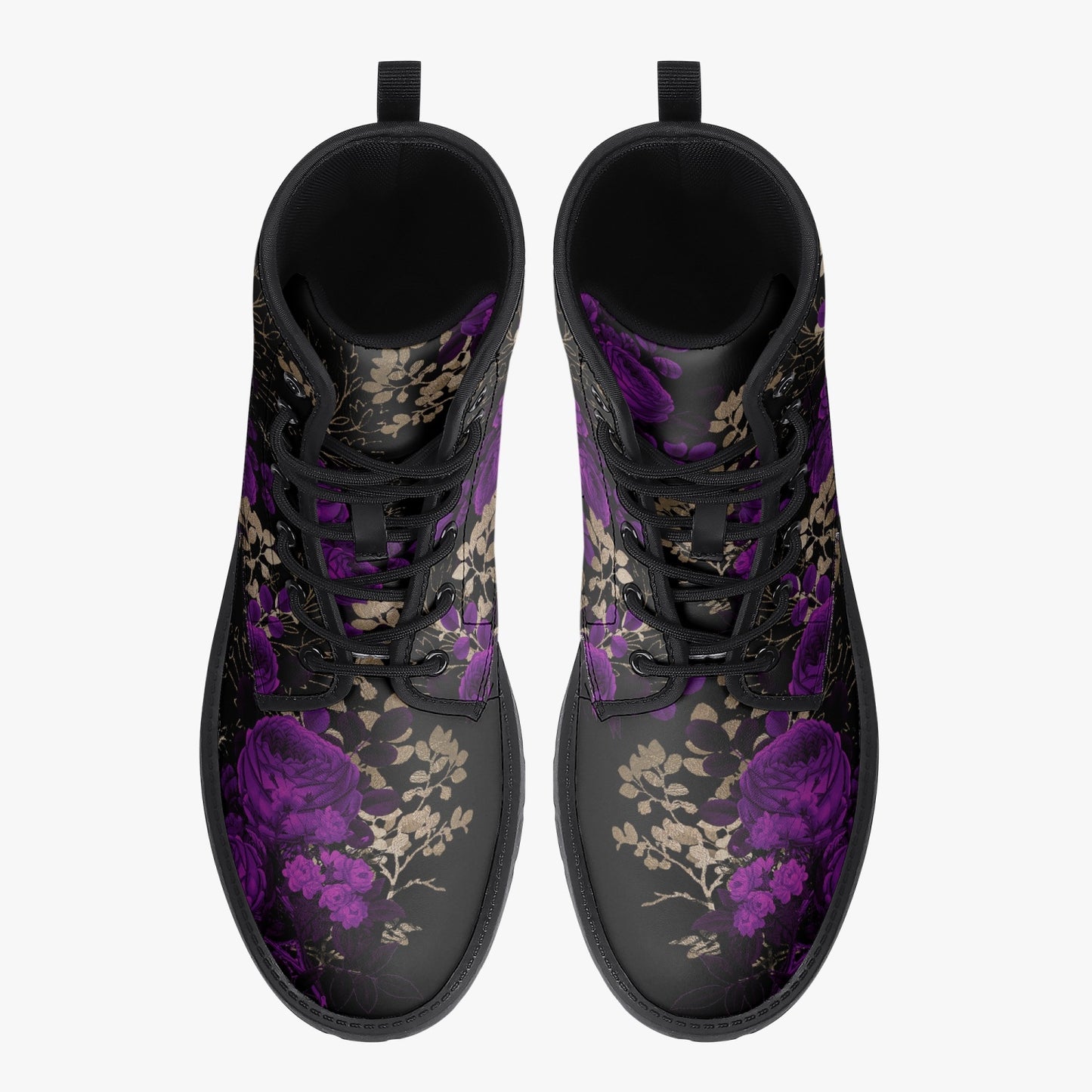 Purple Roses Floral Black Vegan leather Combat Boots - Vegan Leather Floral Boots (JPREGPR1)