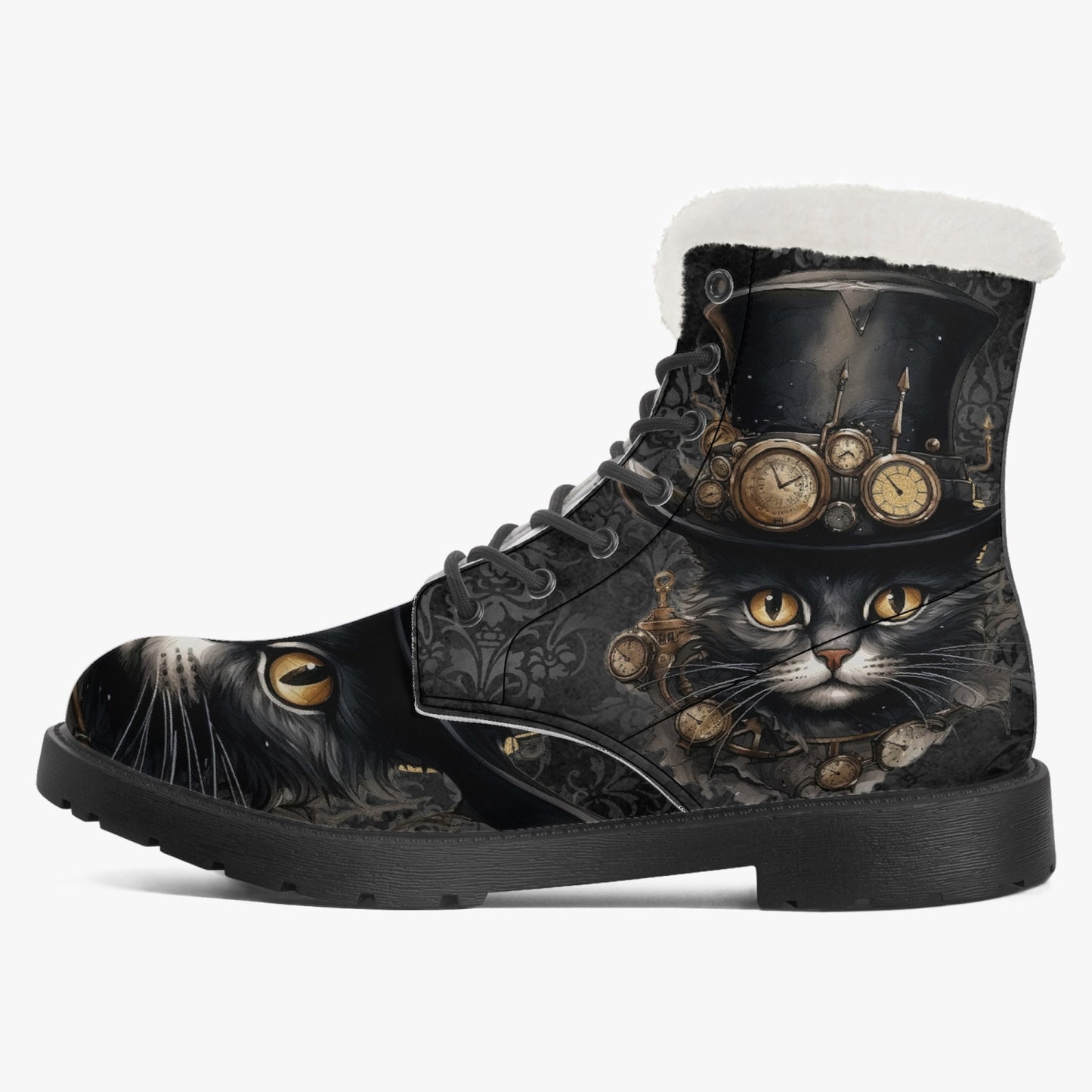 Steampunk Cat Faux Fur Combat Boots - Steamcat with Top Hat and Goggles (JPFBC)