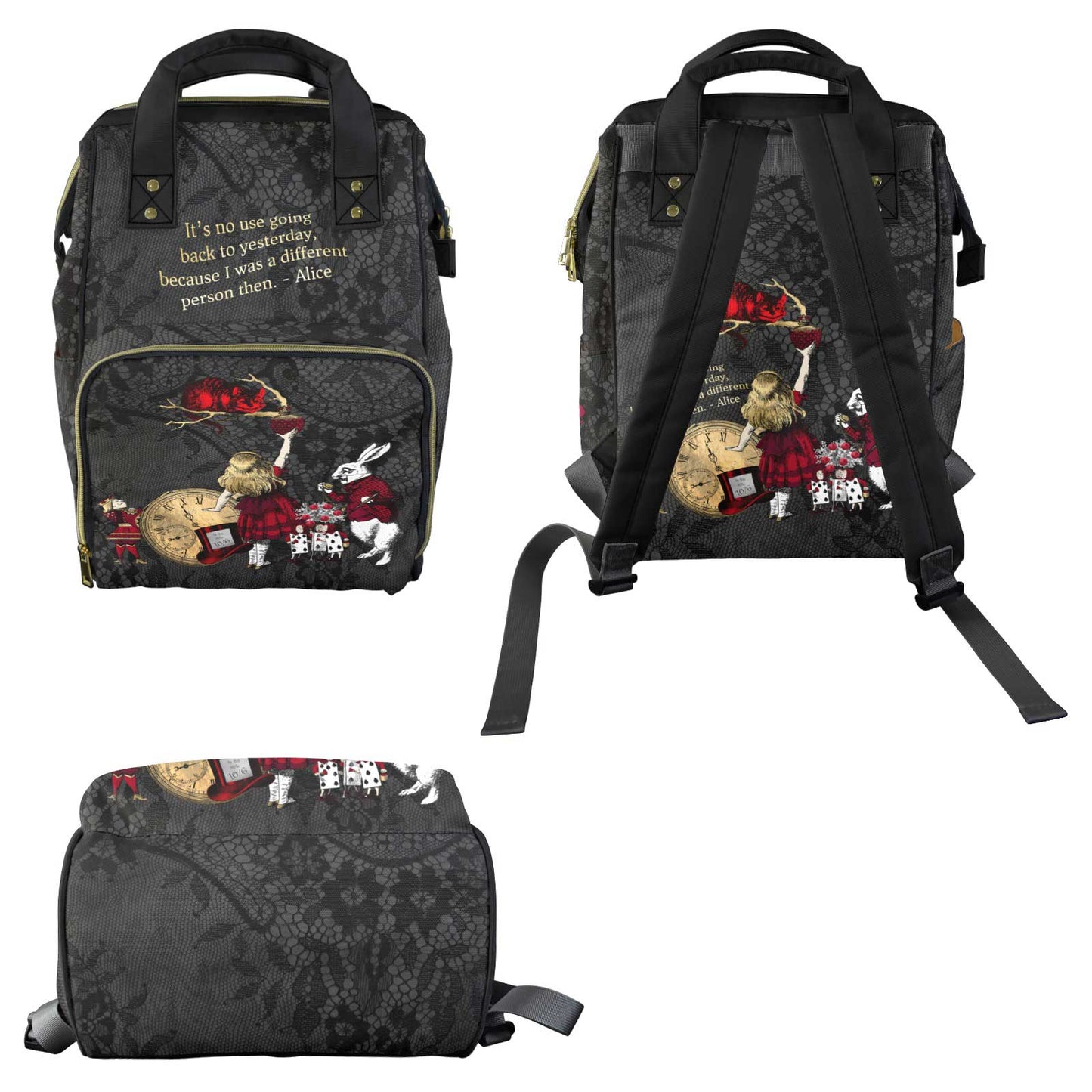 Alice in Wonderland Diaper bag - Black Red and Gold Nappy Bag