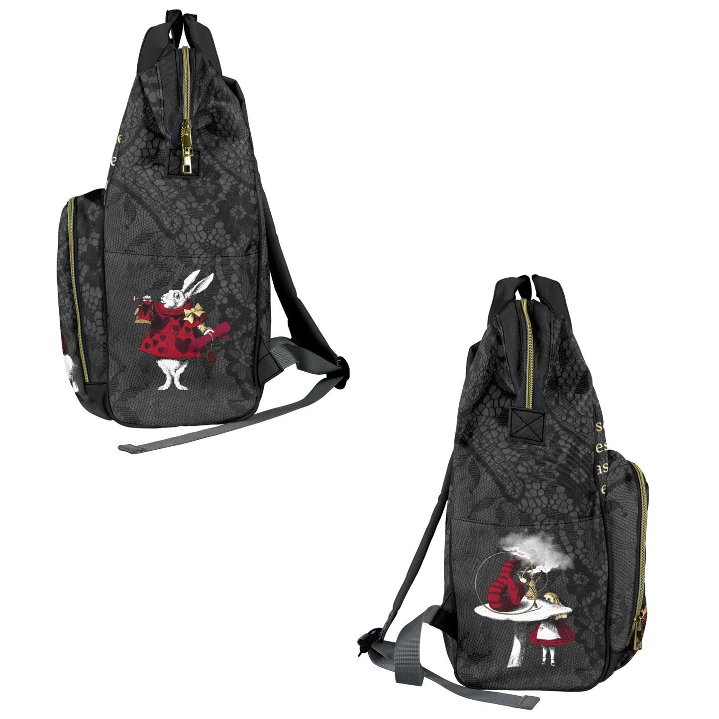 Alice in Wonderland Diaper bag - Black Red and Gold Nappy Bag