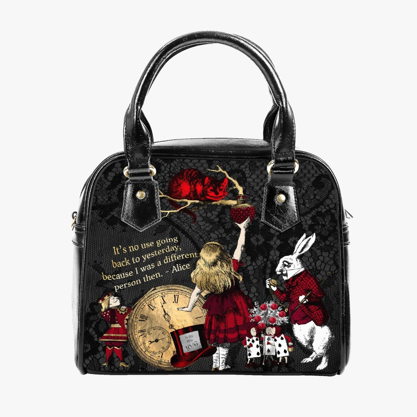 Alice in Wonderland Red and Gold Gothic Handbag with Quote (JP83Q)