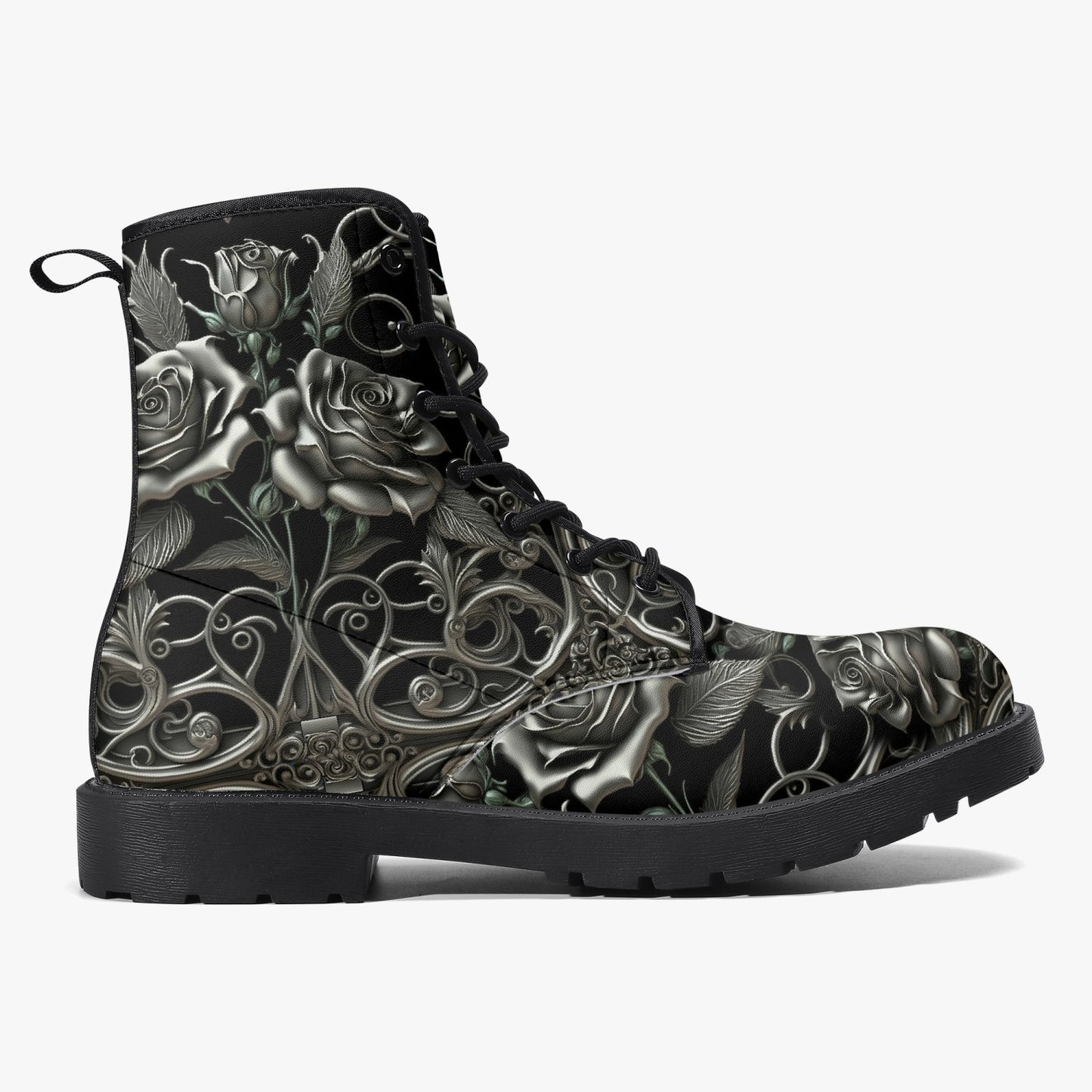 Black and Silver Filligree Roses Gothic Boots - (JPREGAISF)