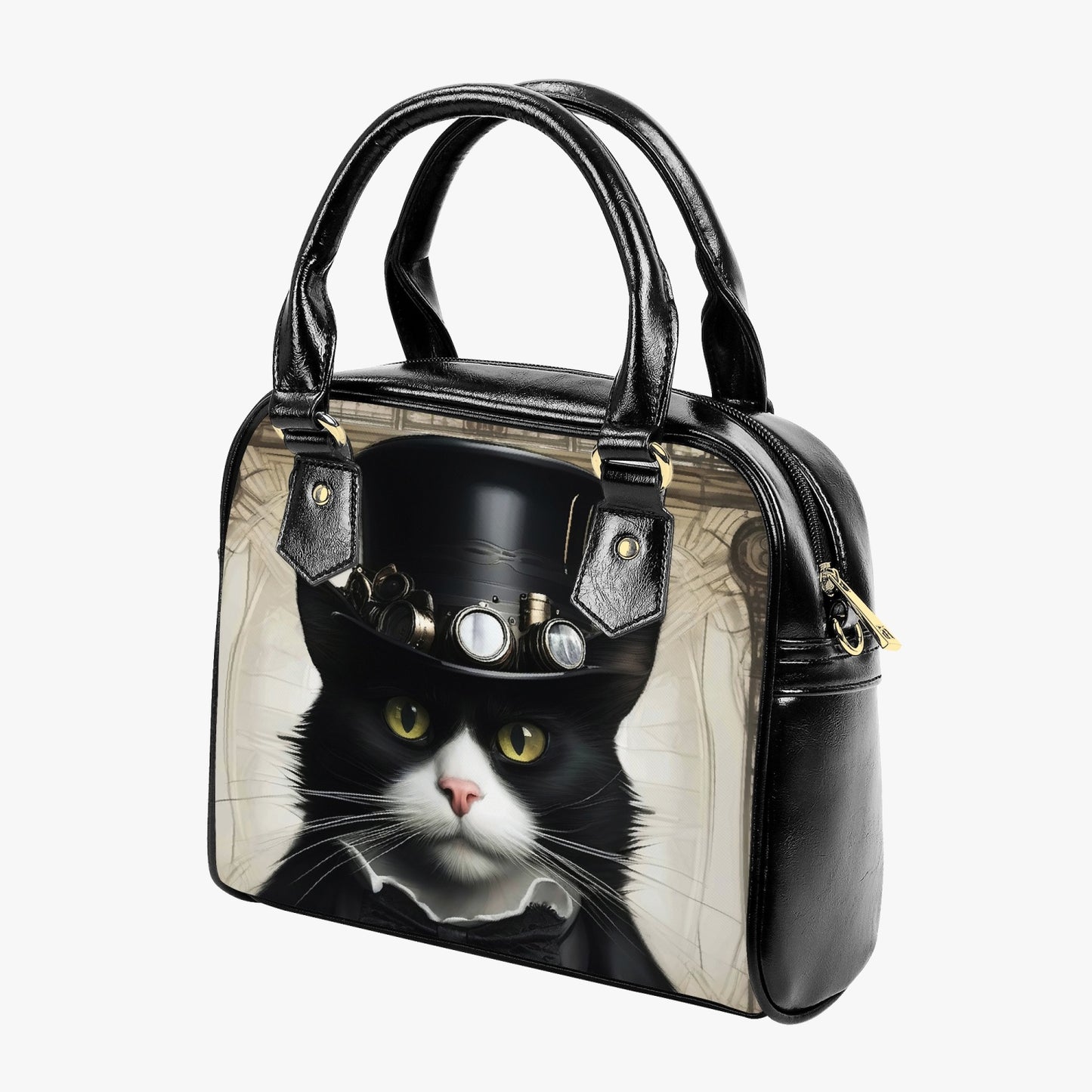 Steampunk Cat Shoulder Handbag - Steamcat Purse - Tuxedo Cat Fun Bag (JPHBSC)