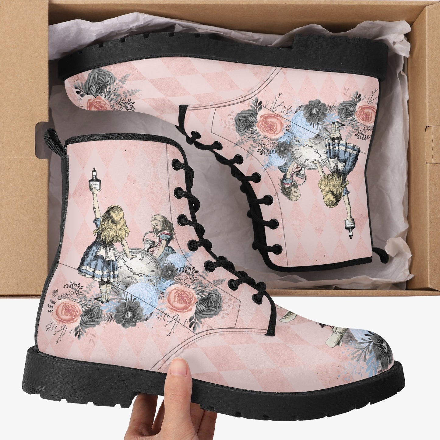 Alice in Wonderland Pink Combat Boots - Alice "Drink Me" Pastel Goth Festival Boots (JPREG5)