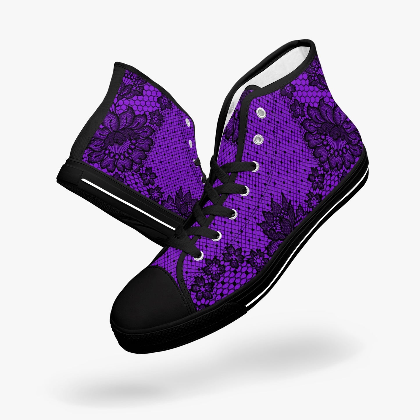 Purple Floral Lace Print Hi Top Sneakers (JPSNLAP)