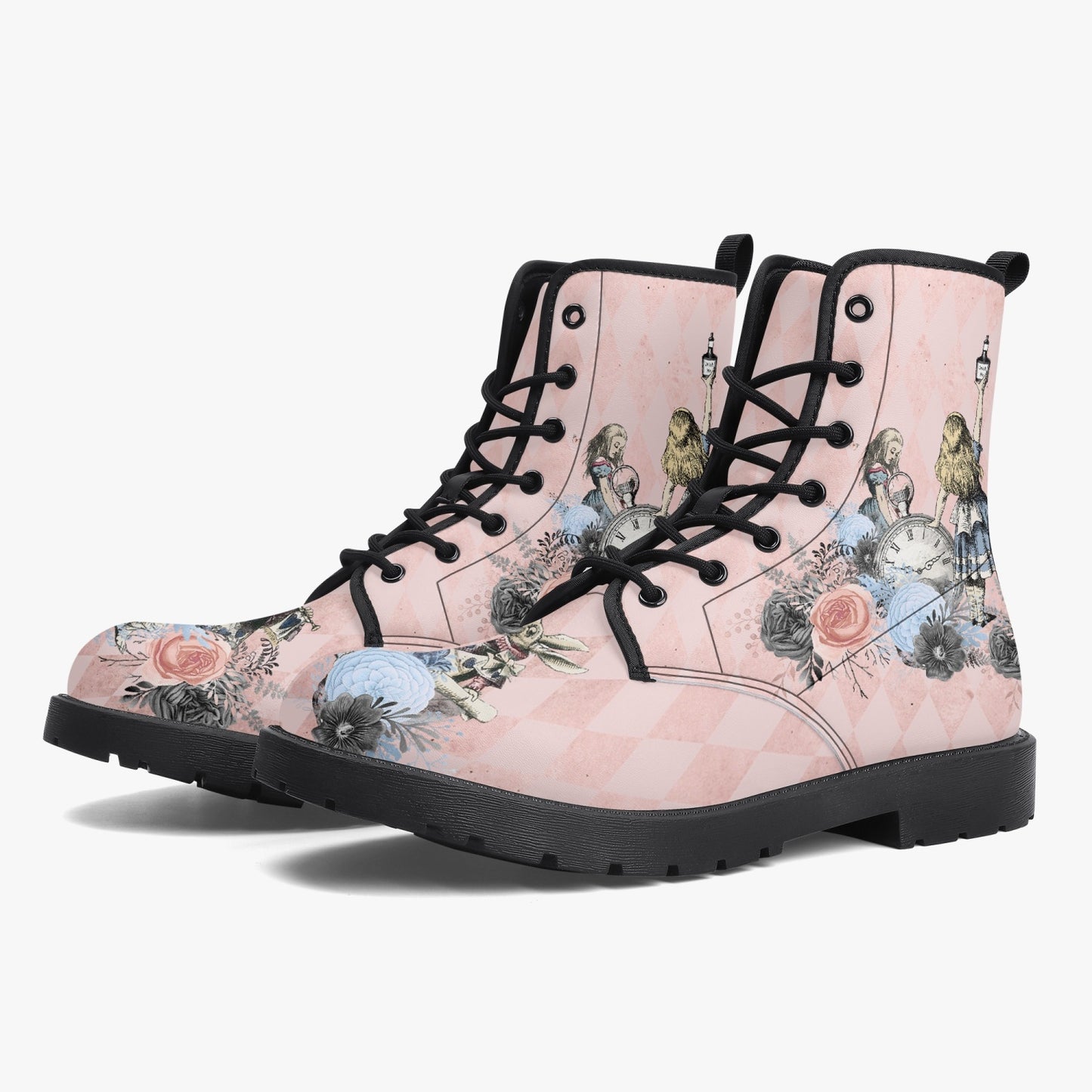 Alice in Wonderland Pink Combat Boots - Alice "Drink Me" Pastel Goth Festival Boots (JPREG5)