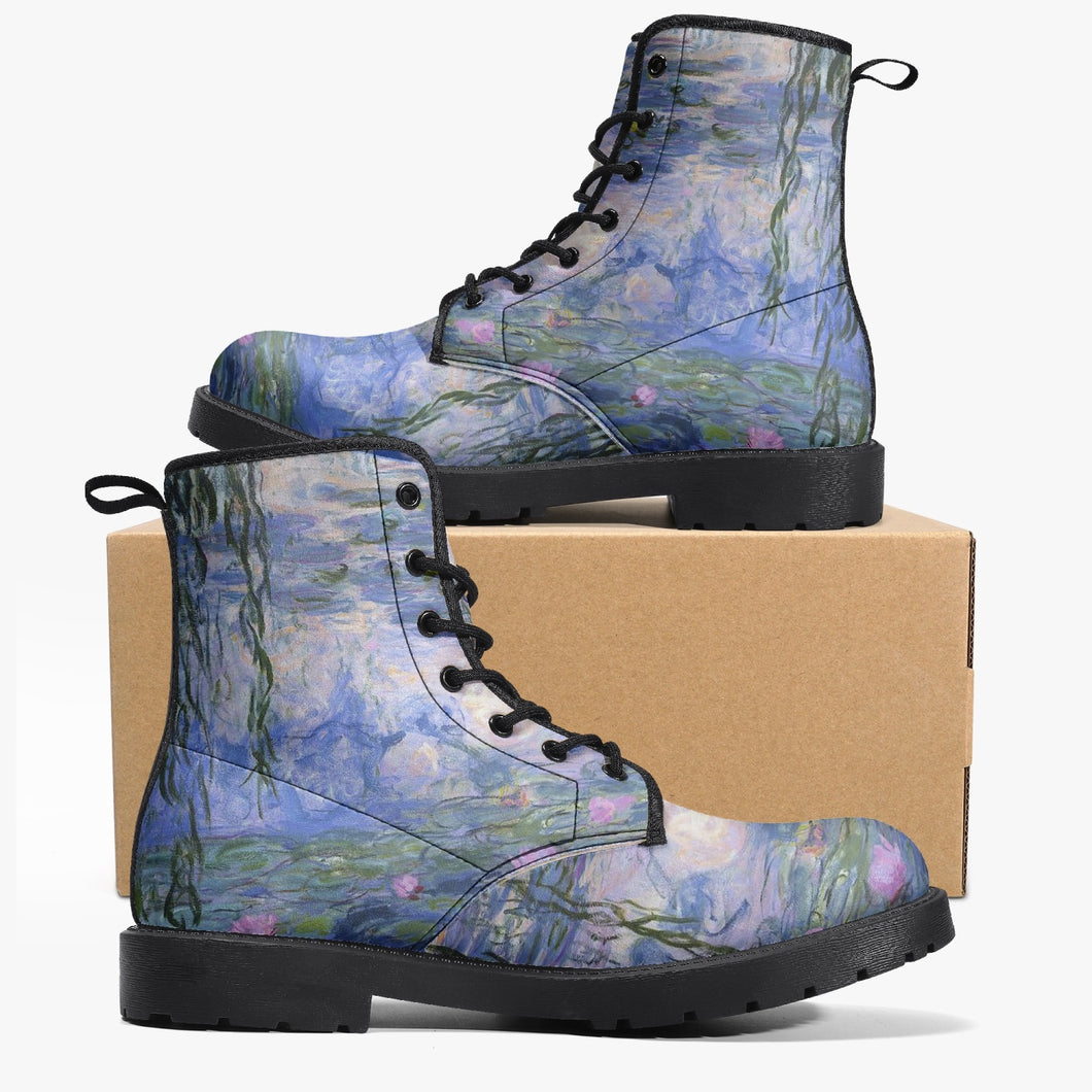Monet Lilies Vegan Leather Combat Boots - Beautiful Blue Toned Monet Festival Art Boots (JPEL22)