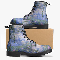 Monet Lilies lace up Combat Boots - Beautiful Blue Toned Monet Festival Art Boots (JPEL22)