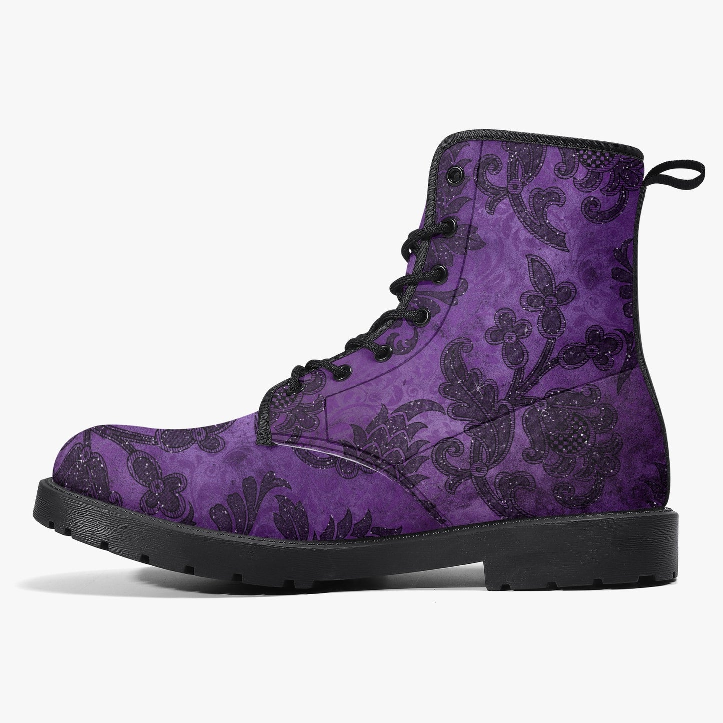 Purple Gothic Damask Pattern Combat Boots - Vegan Leather Purple boots (JPREG40)