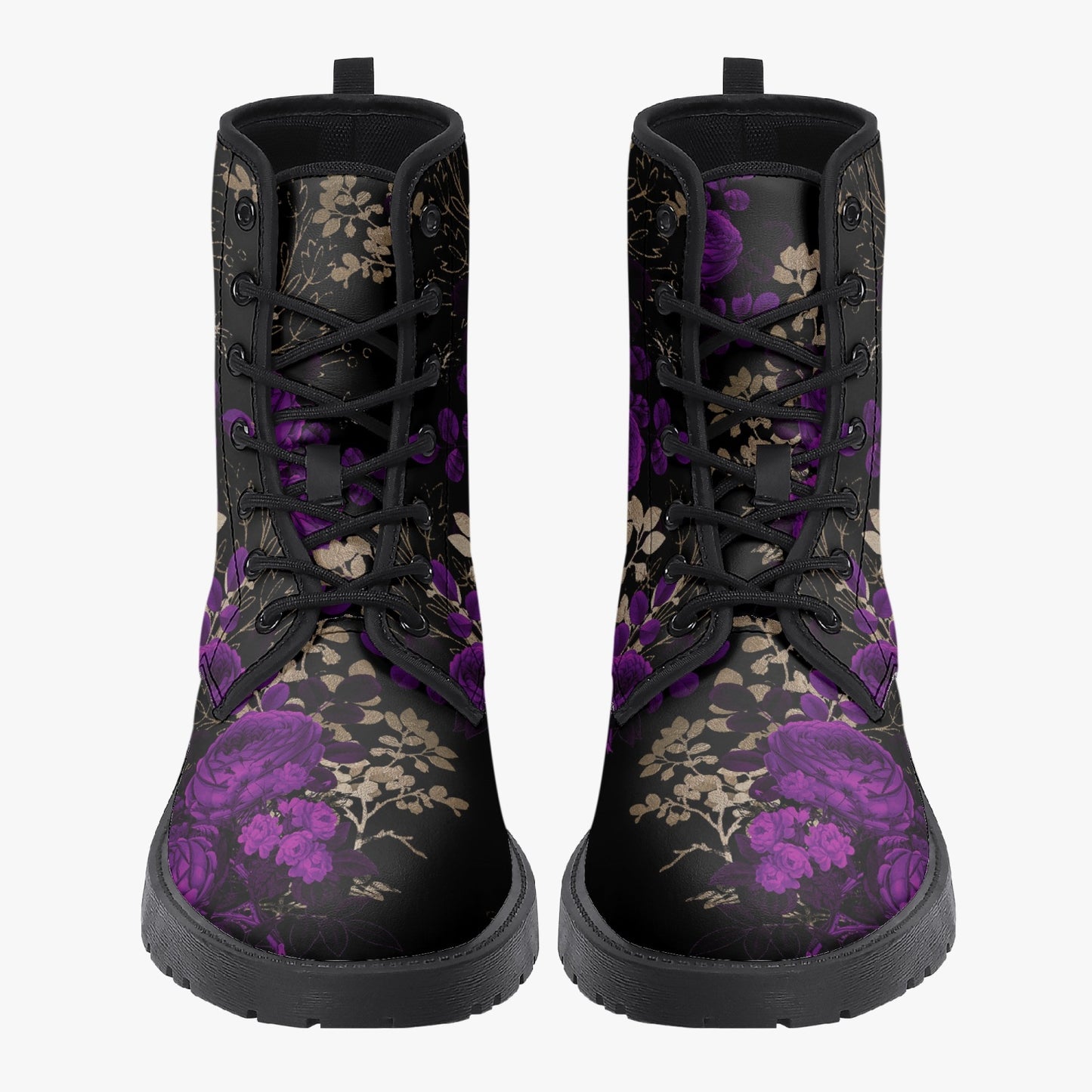 Purple Roses Floral Black Vegan leather Combat Boots - Vegan Leather Floral Boots (JPREGPR1)