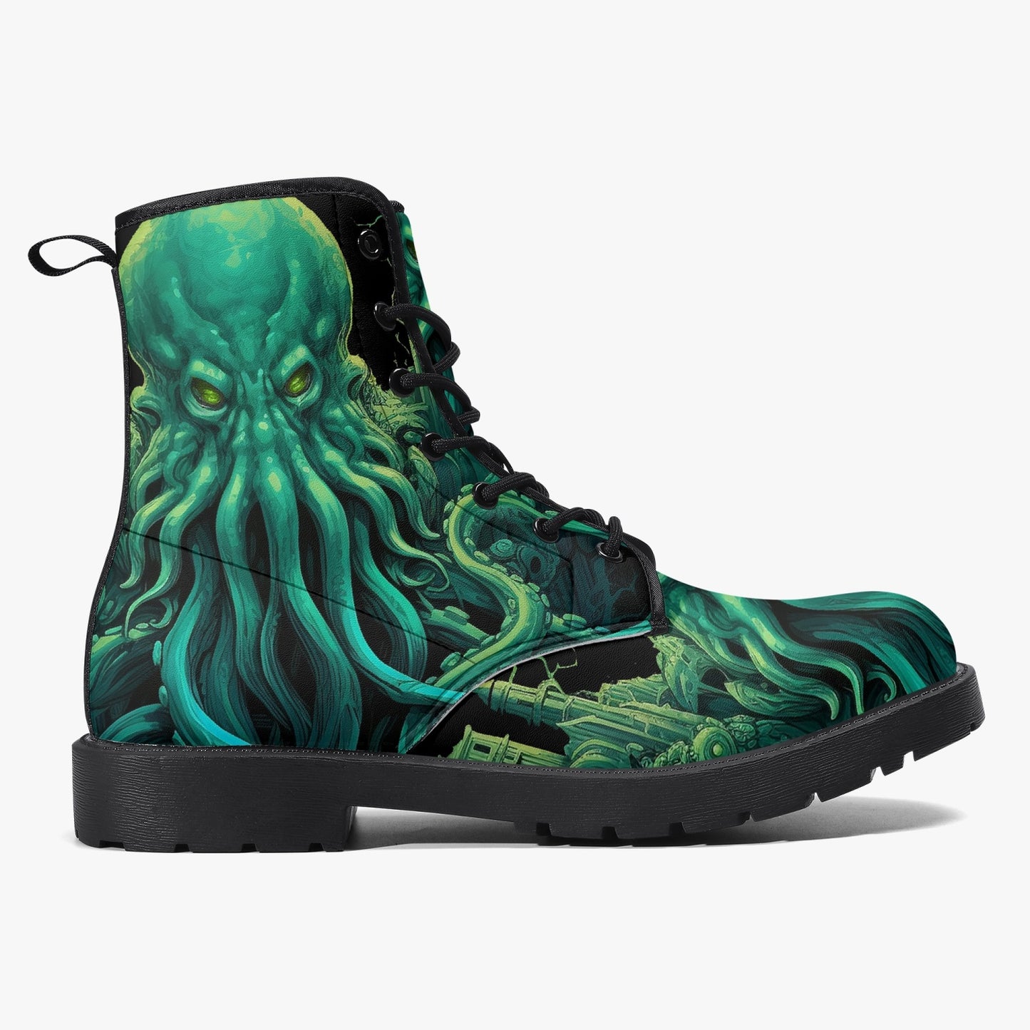 Cthulhu Victorian Horror Combat Boots - HP Lovecraft Sea Monster Green Boots (JPREGHP)