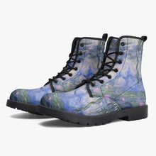 Load image into Gallery viewer, Monet Lilies Vegan Leather Combat Boots - Beautiful Blue Toned Monet Festival Art Boots (JPEL22)
