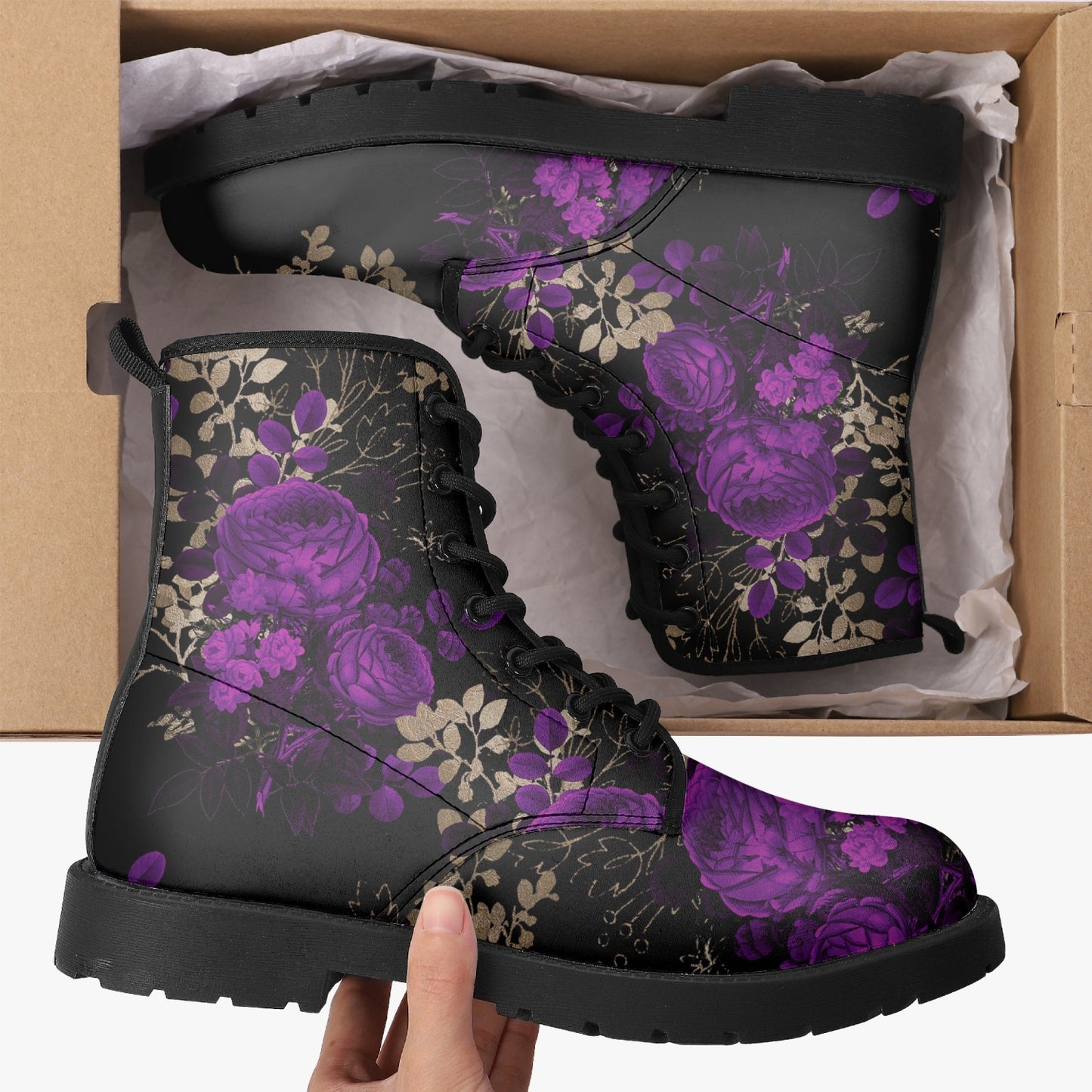 Purple Roses Floral Black Vegan leather Combat Boots - Vegan Leather Floral Boots (JPREGPR1)