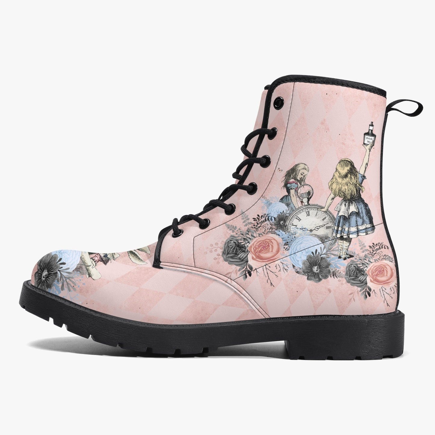 Alice in Wonderland Pink Combat Boots - Alice "Drink Me" Pastel Goth Festival Boots (JPREG5)