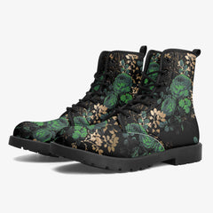 Emerald Green Gothic Roses Lace Up Combat Boots