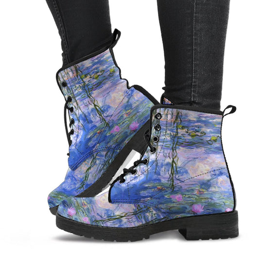 Monet Lilies Vegan Leather Combat Boots - Beautiful Blue Toned Monet Festival Art Boots (JPEL22)