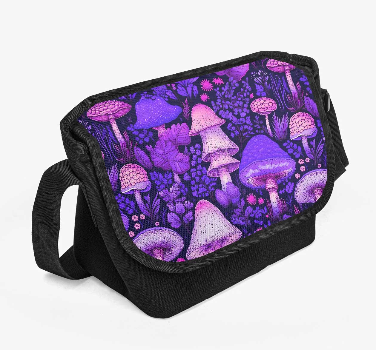 Mushroomcore Purple Messenger Bag - Pink and Purple Forestcore School Bag (JPMUSHMB)