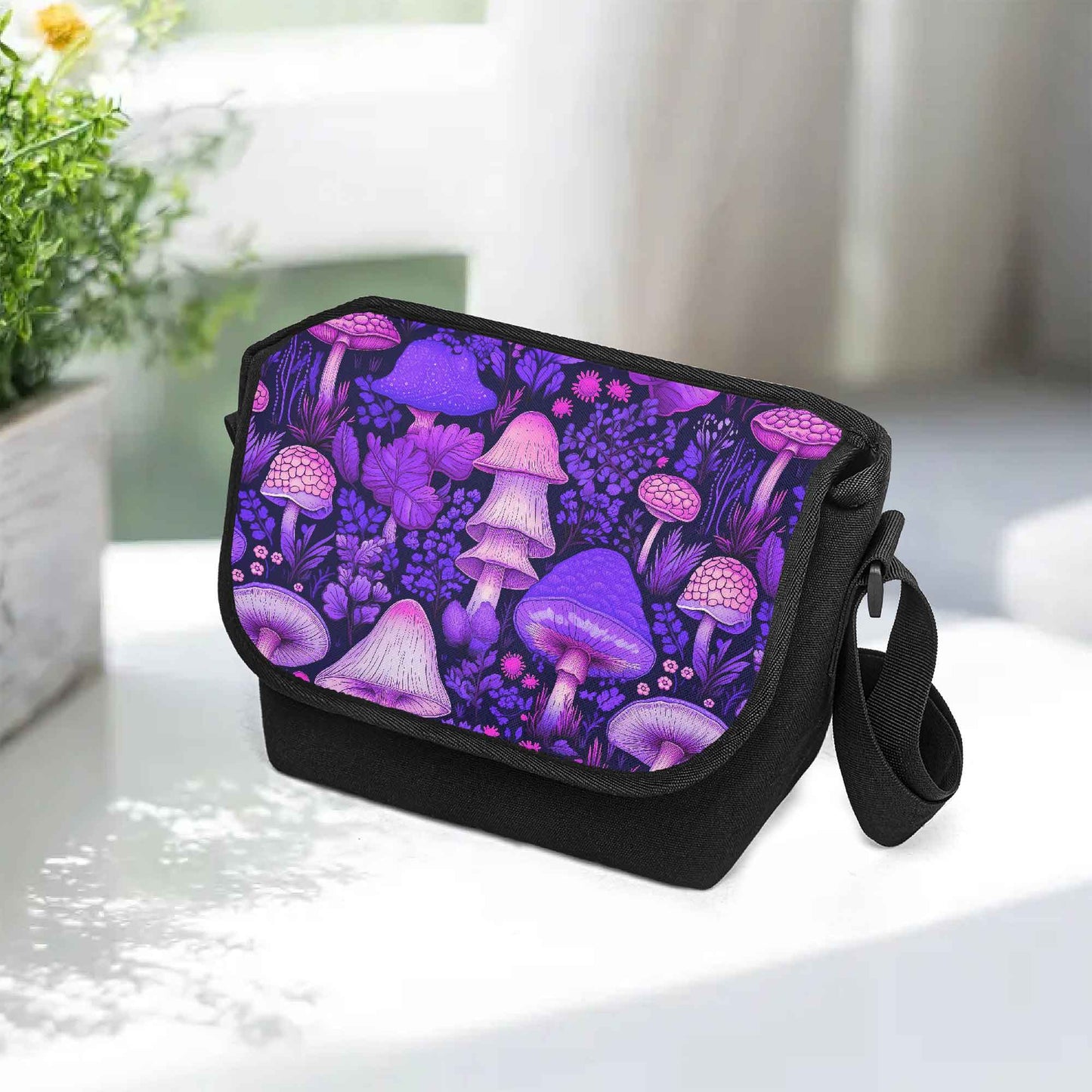 Mushroomcore Purple Messenger Bag - Pink and Purple Forestcore School Bag (JPMUSHMB)