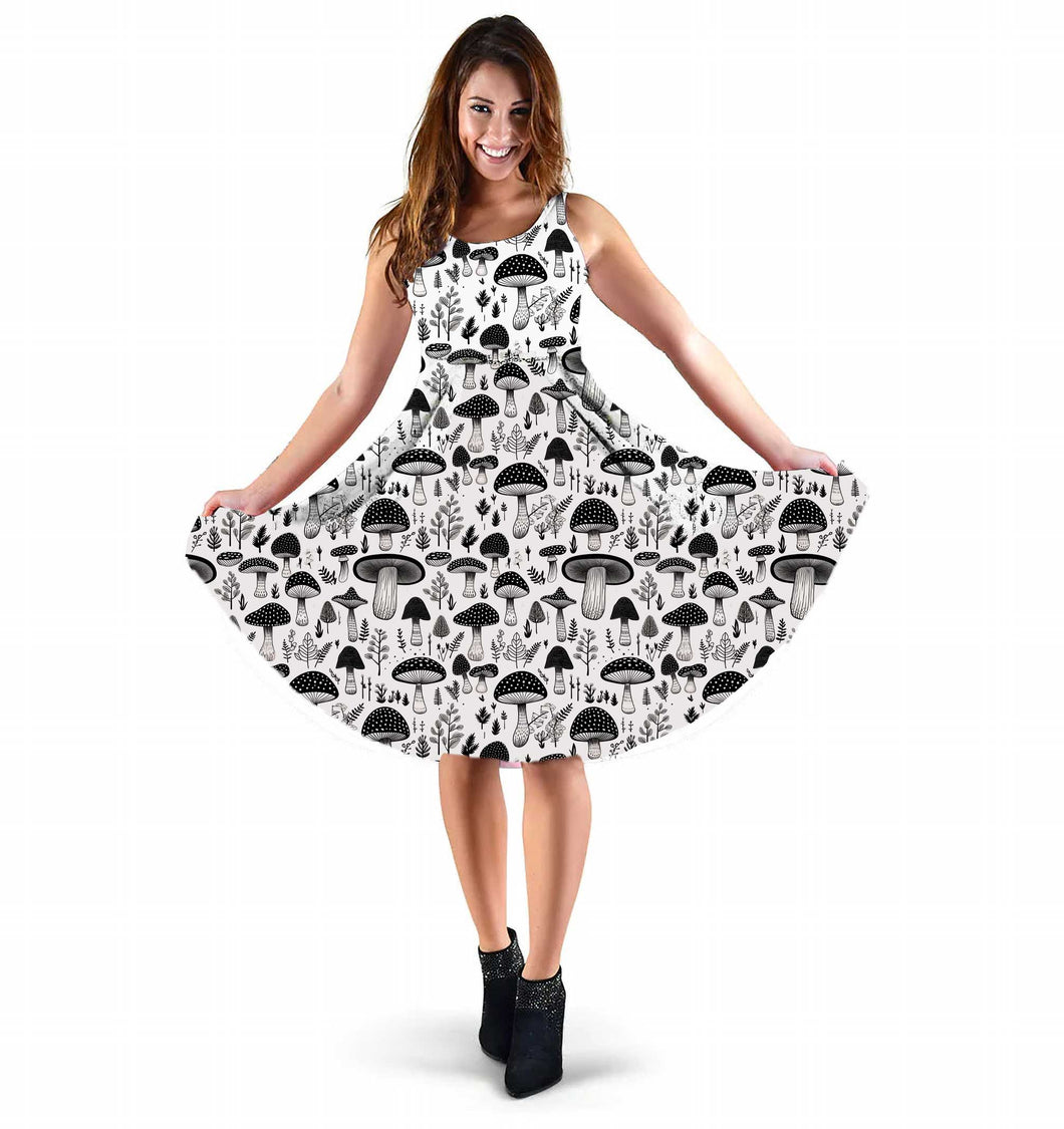 Mushroomcore Sleeveless Dress - Black and White Sundress - Forestcore Party Dress