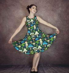 Mushroomcore Blue and Green Dress - Plus Size Toadstool Dress (AMUSHGB)