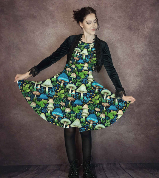 Mushroomcore Blue and Green Dress - Plus Size Toadstool Dress (AMUSHGB)