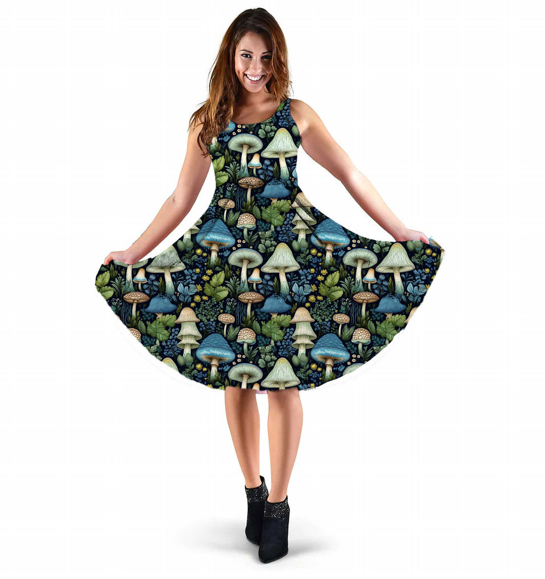 Mushroomcore Sleeveless Dress - Blue and Green Sundress - Forestcore Party Dress
