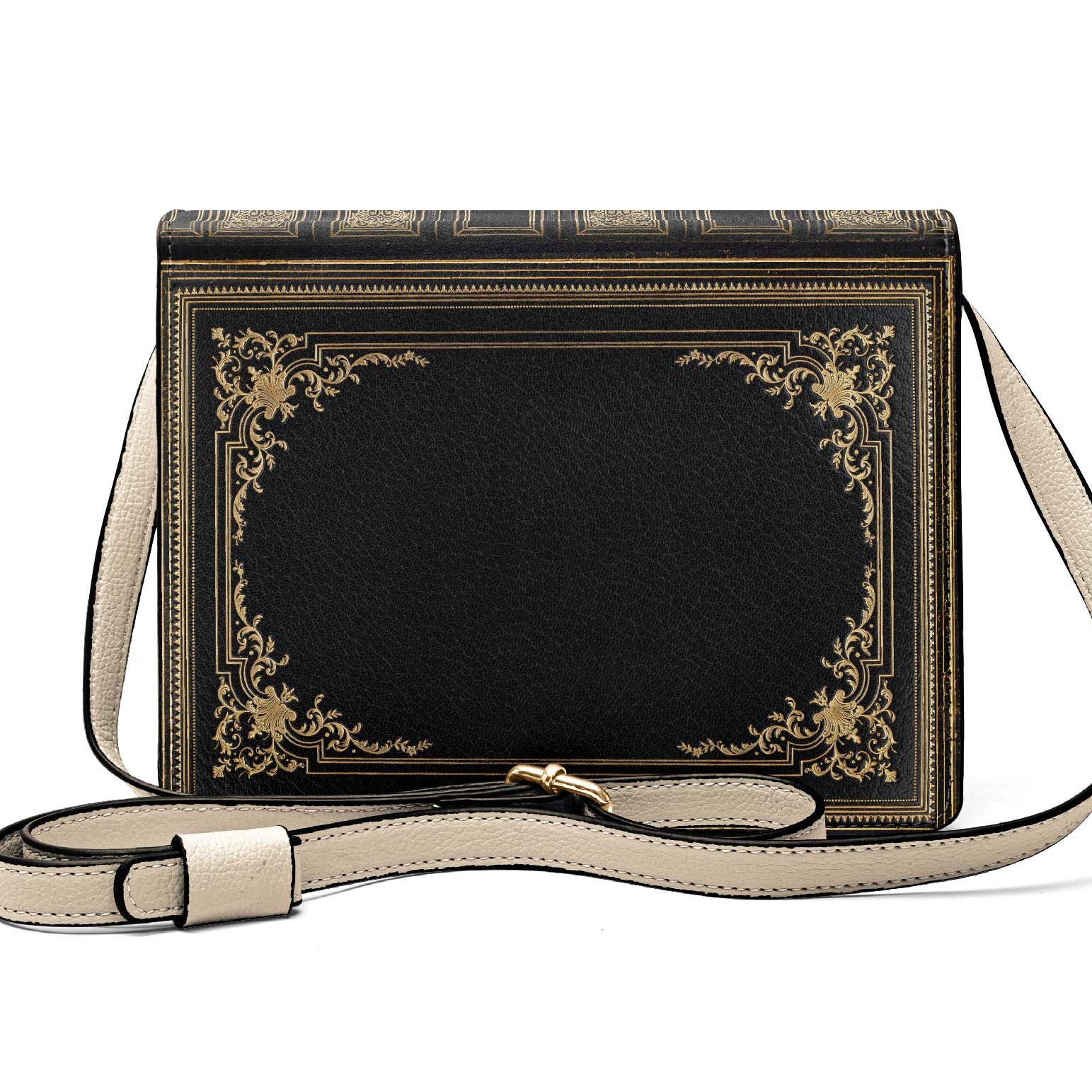 Black handbag with gold detailing on a white background