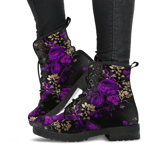 Purple Roses Floral Black Vegan leather Combat Boots - Vegan Leather Floral Boots (JPREGPR1)