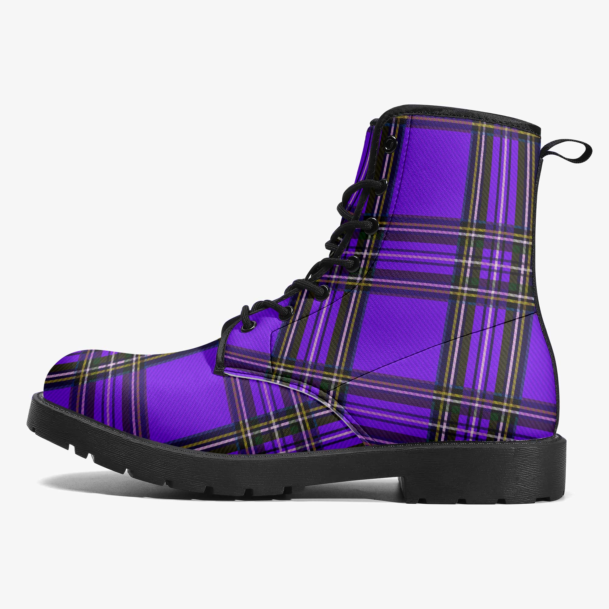 Purple plaid boot with a black sole on a white background