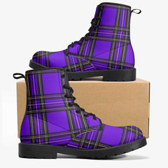 Purple plaid boots with black soles on a white background