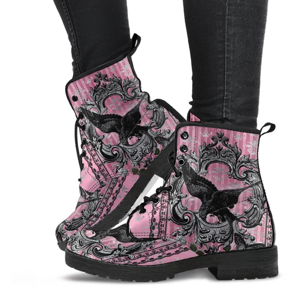 Gothic Raven Pink Vegan leather Combat Boots - Dark Raven emo boots  (JPREG59)