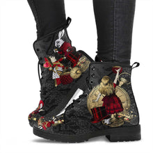 Load image into Gallery viewer, alice in wonderland gothic combat boots, featuring a black lace print on the background with Alice, the White rabbit, queen of hearts and cheshire cat printed in vibrant reds and golds. Very comfortable boots which lace up
