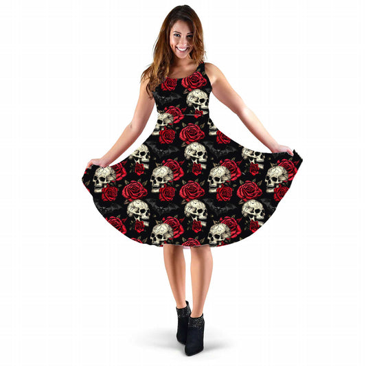 Skulls and Roses Gothic Sundress - Halloween Party Dress with Skulls and Bats (KATH1)