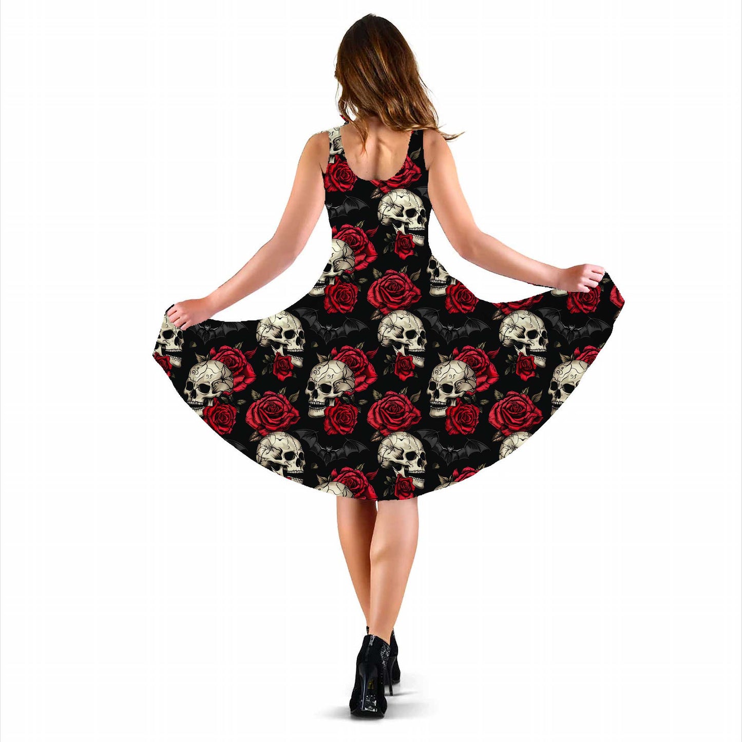 Skulls and Roses Gothic Sundress - Halloween Party Dress with Skulls and Bats (KATH1)