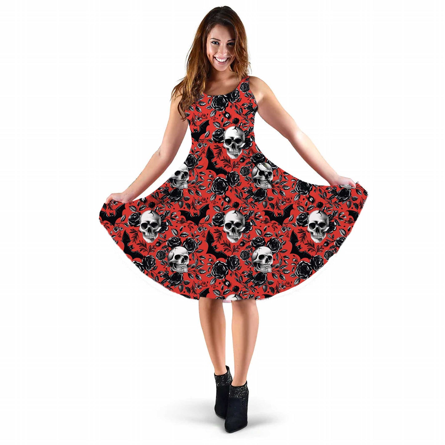 Skulls and Roses Gothic Sundress - Halloween Party Dress with Skulls and Bats (KATH1)