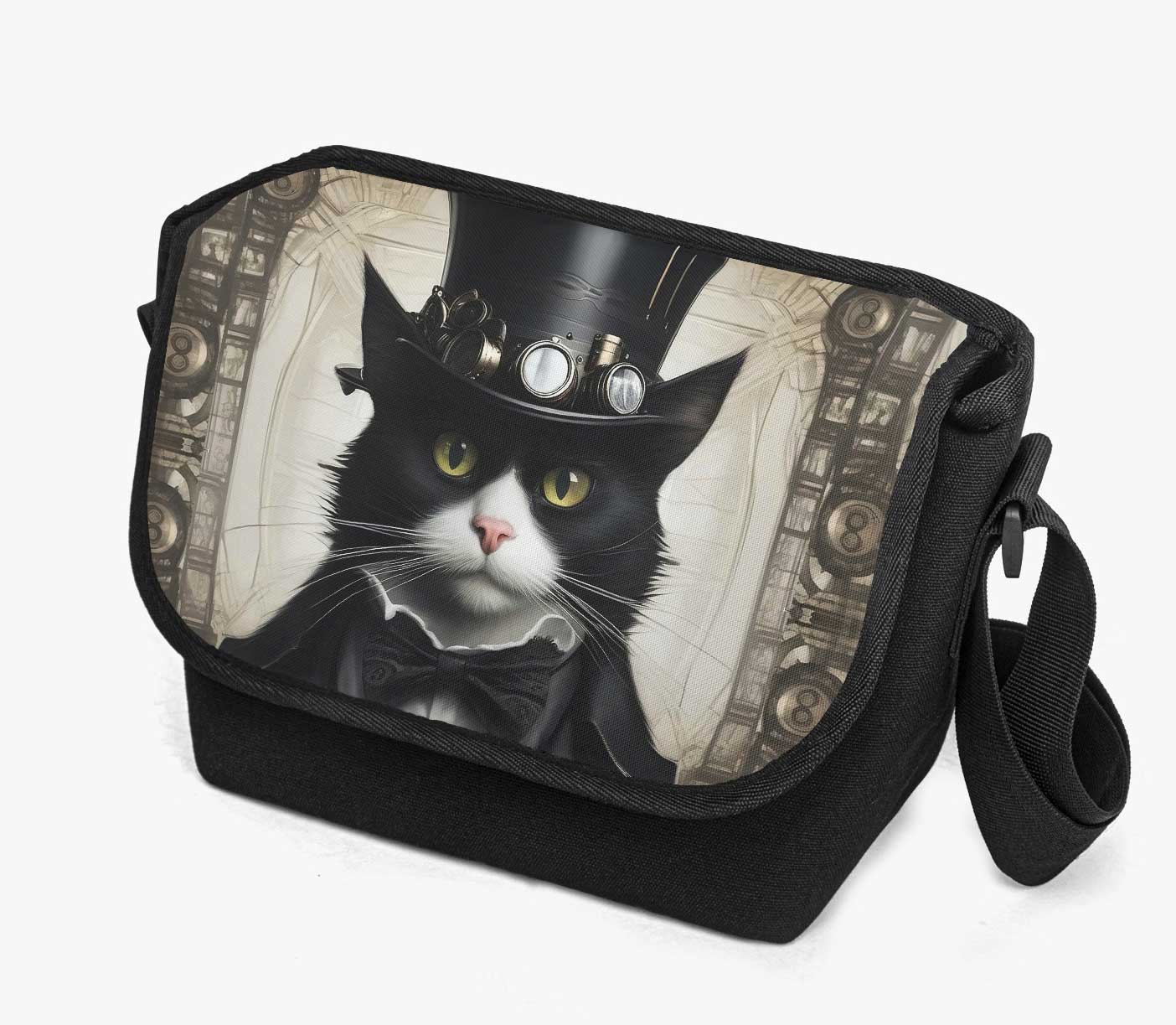 Steamcat Messenger Bag - Steampunk Cute Cat in a Top Hat School Bag (JPSTEAMCM)