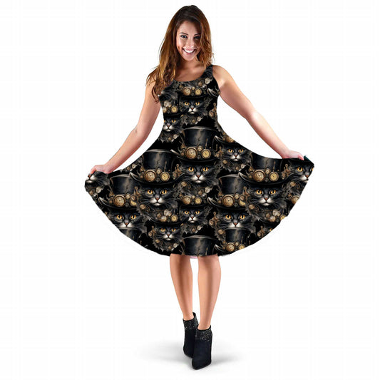 Steamcat Dancing Dress - Steampunk Cat Gothic Party Dress with Pockets (DRSTEAMC)