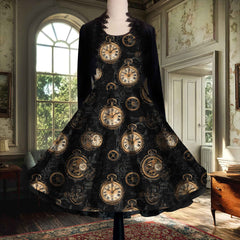 Steampunk Clockwork Gears Dress - Black with Gold Bronze Print - Large Size Range - Plus Size Friendly