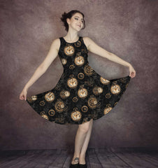 Steampunk Clockwork Gears Dress - Black with Gold Bronze Print - Large Size Range - Plus Size Friendly